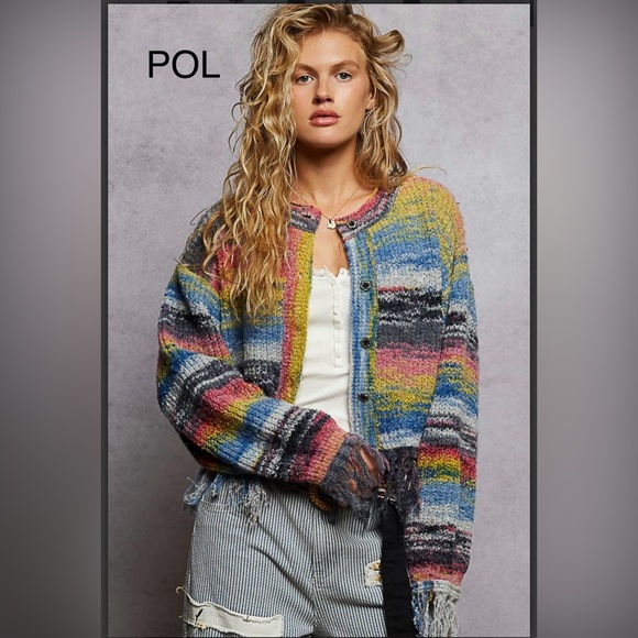 BO217-3💙💗POL perfect elevated Multicolored Abstract cardi w/on trend fringe! Wow - Picture 2 of 9